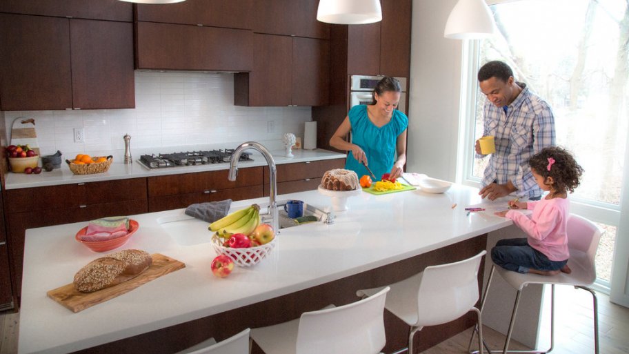 large kitchen island, family breakfast, modern kitchen